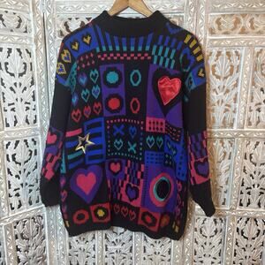 Vintage 90's Art Knit Sweater Crazy Pattern 3D Hearts Stars Geometric Print
